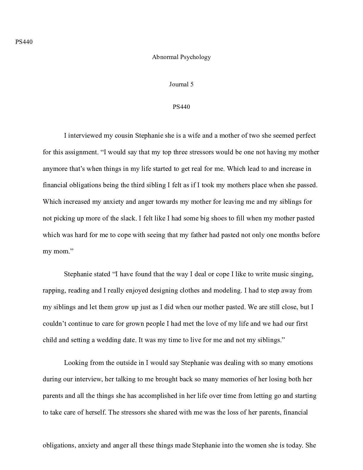 Preview image for Jounral unit 5.docx    PS440   Abnormal Psychology   Journal 5  PS440   I interviewed my c